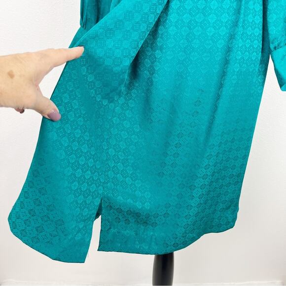 Vintage 80s Teal Silk Dress Wide Wrap Waist Shoulder Pads - Picture 7 of 11
